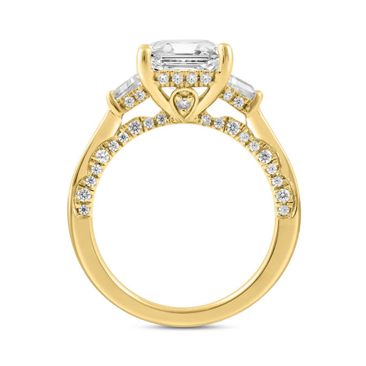 Luxury 14K Yellow Gold 4 1/4Ct Radiant & Round Lab Grown Diamond Engagement Ring 3.00Ct Radiant Center Stone With Trapezoid & Baguette Side Stones Trilogy Three Stone Ring For Women (Color F-G Clarity Vs1/Vs2)