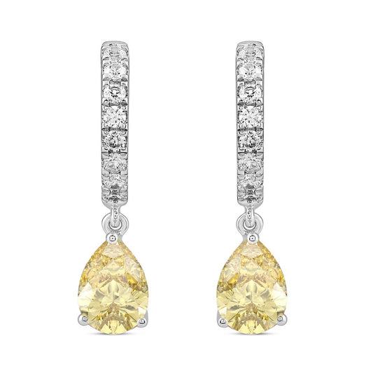 14K WHITE GOLD 2.00CT ROUND/YELLOW PEAR DIAMOND LADIES HOOP EARRINGS