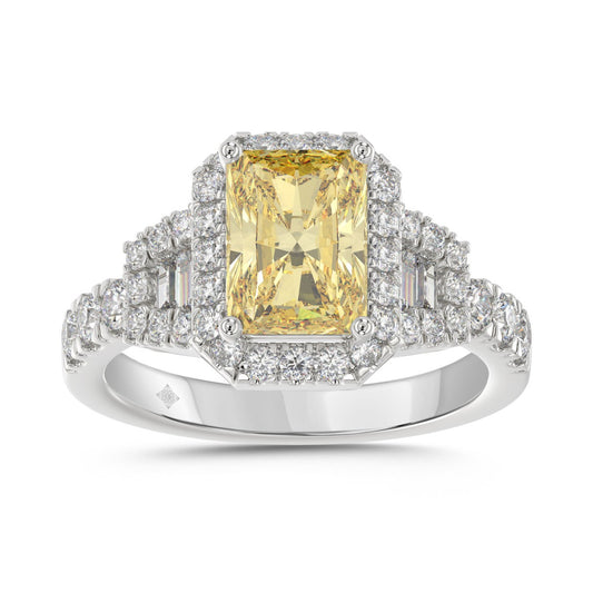 Luxury 14K White Gold 2.3/4Ct Round/Baguette & Radiant Lab Grown Diamond Engagement Halo Ring Yellow 2.00 Ct Radiant Cut Center