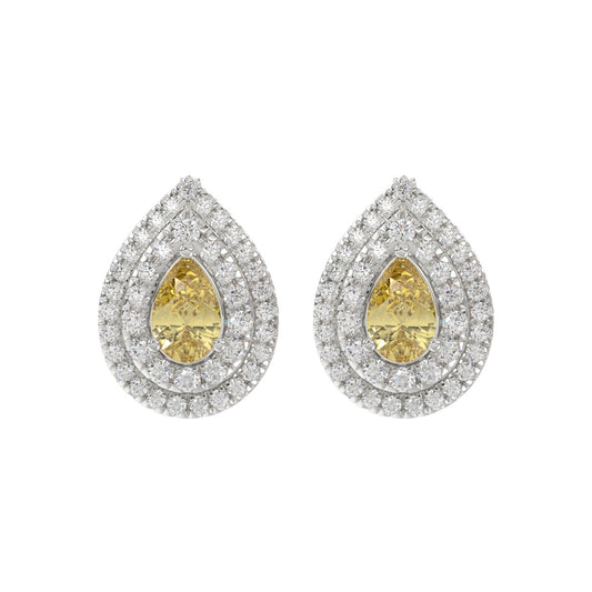 14K WHITE GOLD CRAFTED WITH 18K YELLOW GOLD BACK PLATE 3 1/4CT ROUND/YELLOW PEAR DIAMOND LADIES EARRINGS