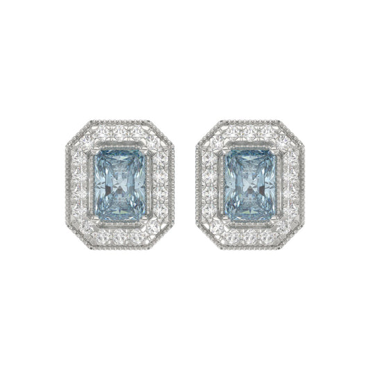 14K WHITE GOLD CRAFTED WITH 18K YELLOW GOLD BACK PLATE 1 1/4CT ROUND/BLUE EMERALD DIAMOND LADIES EARRINGS