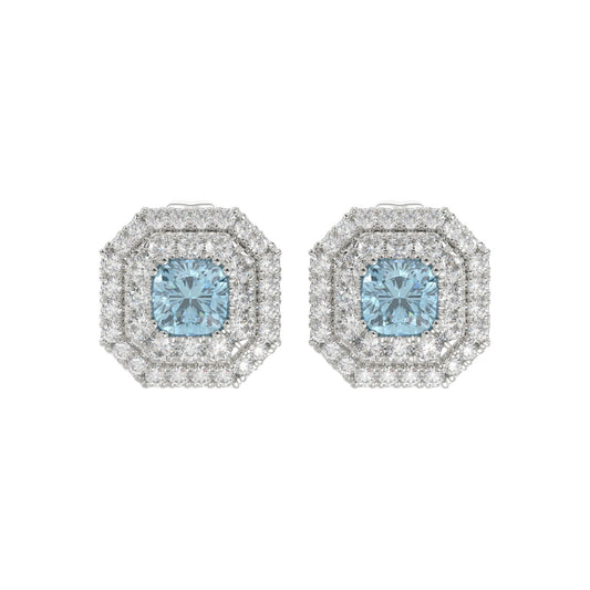 14K WHITE GOLD CRAFTED WITH 18K YELLOW GOLD BACK PLATE 1 1/2CT ROUND/BLUE CUSHION DIAMOND LADIES EARRINGS