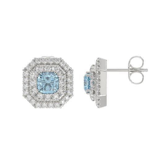 14K WHITE GOLD CRAFTED WITH 18K YELLOW GOLD BACK PLATE 1 1/2CT ROUND/BLUE CUSHION DIAMOND LADIES EARRINGS