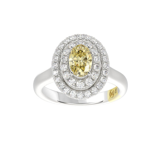 14K WHITE GOLD CRAFTED WITH 18K YELLOW GOLD SHANK 1 1/2CT ROUND/YELLOW OVAL DIAMOND LADIES RING