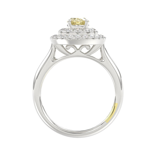 14K WHITE GOLD CRAFTED WITH 18K YELLOW GOLD SHANK 1 1/2CT ROUND/YELLOW OVAL DIAMOND LADIES RING