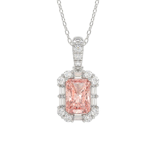 ETERNAL BLUSH COLLECTION 14K WHITE GOLD 1 1/4CT ROUND/PINK RADIANT/BAGUETTE DIAMOND LADIES PENDANT WITH CHAIN