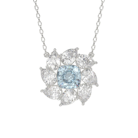 14K WHITE GOLD CRAFTED WITH 18K YELLOW GOLD BACK PLATE 2CT PEAR/BLUE CUSHION DIAMOND LADIES NECKLACE WITH CHAIN