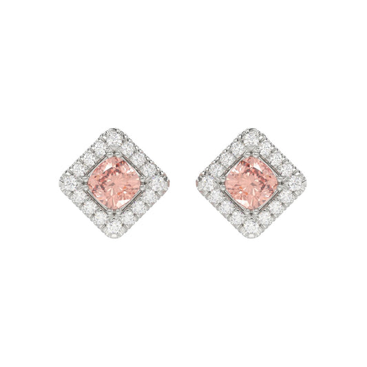 14K WHITE GOLD CRAFTED WITH 18K YELLOW GOLD BACK PLATE 1 1/4CT ROUND/PINK CUSHION DIAMOND LADIES EARRINGS