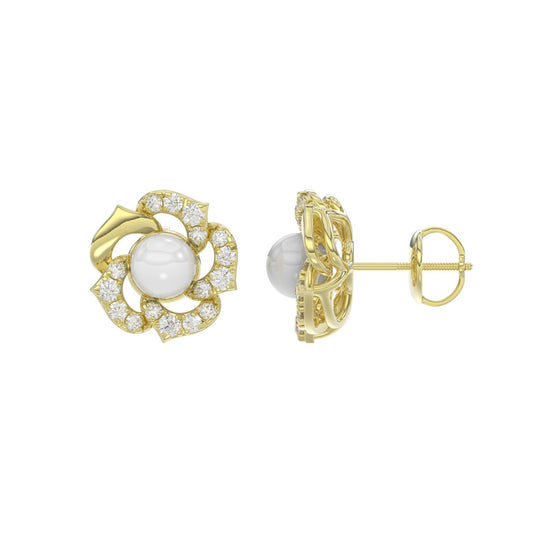 14K YELLOW GOLD 1/4CT ROUND/PEARL DIAMOND LADIES EARRINGS