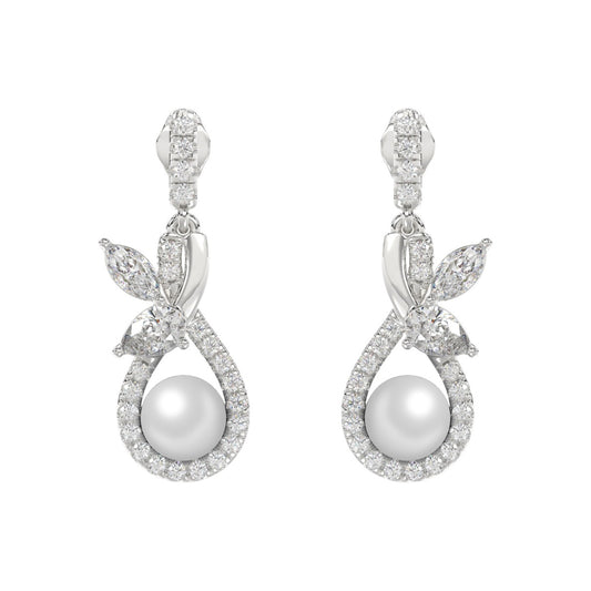 14K WHITE GOLD 3/4CT ROUND/MARQUISE/PEARL DIAMOND LADIES EARRINGS