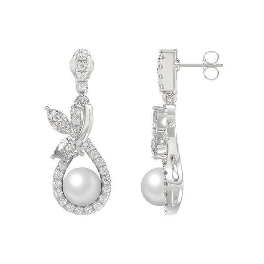 14K WHITE GOLD 3/4CT ROUND/MARQUISE/PEARL DIAMOND LADIES EARRINGS