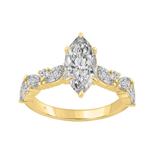14K YELLOW GOLD 2 3/4CT ROUND/MARQUISE DIAMOND LADIES RING (CENTER STONE MARQUISE DIAMOND 2CT)