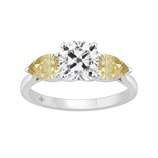 14K WHITE GOLD 2 5/8CT CUSHION/YELLOW PEAR DIAMOND LADIES RING (CENTER STONE CUSHION DIAMOND 1 1/2CT)