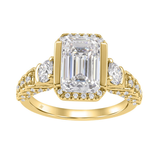 14K Yellow Gold 4.00 Ct Round & Emerald Cut Diamond Engagement Ring For Women With Side Round Diamond 3.00Ct Emerald Center Stone (Color F-G -Clarity Vs1/Vs2)