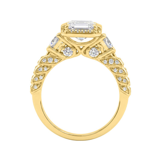14K Yellow Gold 4.00 Ct Round & Emerald Cut Diamond Engagement Ring For Women With Side Round Diamond 3.00Ct Emerald Center Stone (Color F-G -Clarity Vs1/Vs2)