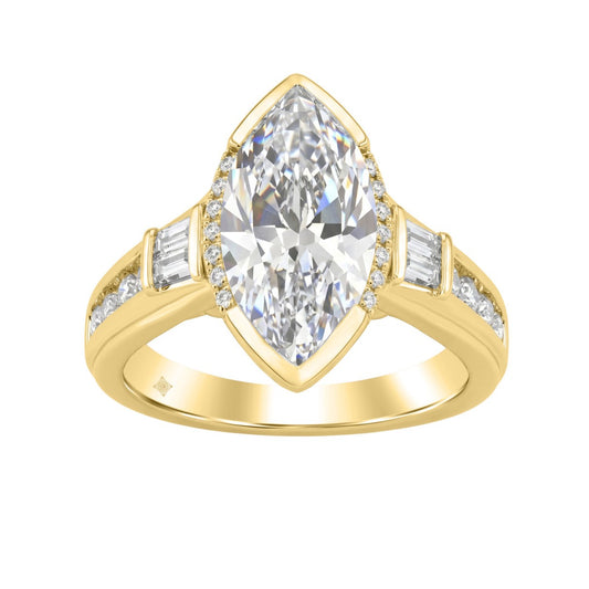 Elegant 14K Yellow Gold Diamond Engagement Ring Featuring 3 1/2Ct Round, Marquise & Baguette Diamonds With Sparkling Side Stones. Perfect For Weddings, Proposals & Anniversaries.3.00Ct Marquise Center Stone (Color F-G -Clarity Vs1/Vs2)