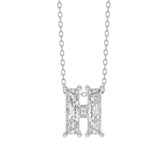 10K White Gold Diamond Initial “H” Pendant 1 1/3CT Fancy Cut Ladies Alphabet Charm with Chain