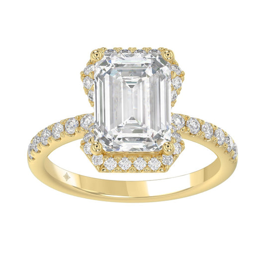 14K Yellow Gold 4 1/2CT ladies Round & Emerald-cut diamond halo engagement Ring 4.00CT Emerald Center stone (Color F-G -Clarity VS1/VS2)