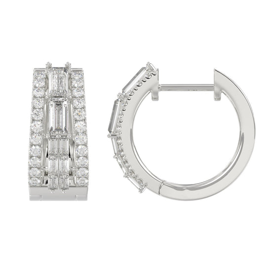 Classic 10K White Gold Round & Baguette Lab Grown Diamond ladies Hoop Earrings 3/4CT (Color F-G -Clarity VS1/VS2)