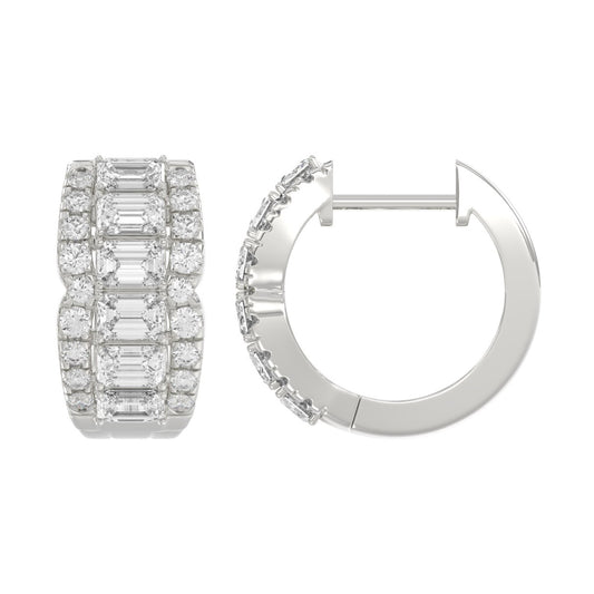 14K WHITE GOLD 1 3/4CT ROUND/EMERALD DIAMOND HOOP EARRINGS
