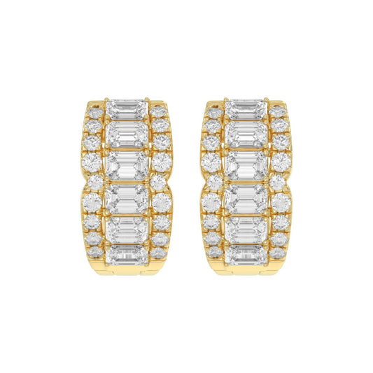 14K YELLOW GOLD 1 3/4CT ROUND/EMERALD DIAMOND HOOP EARRINGS