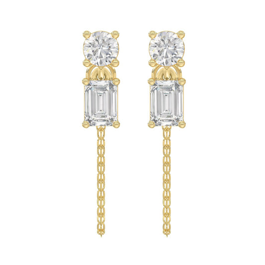10K Yellow Gold 3/4CT Emerald/Round cut Diamond Elegant Ladies Earring (Color F-G -Clarity VS1/VS2)