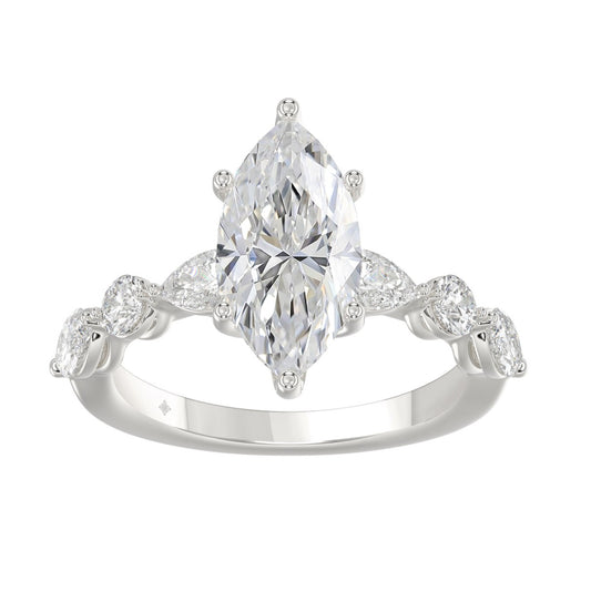 14K White Gold Bridal Fashion Ring for Ladies 4CT Round & Marquise& Pear Cut Diamonds 3.00CT Marquise Center stone (Color F-G -Clarity VS1/VS2)