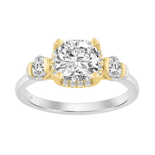 2 1/2 Ct Cushion Cut Lab-Grown Diamond Ladies Engagement Ring In 14K White/Yellow Gold Three-Stone With Round Side Stone & Oval 2Ct Cushion Center Stone (Color F-G -Clarity Vs1/Vs2)