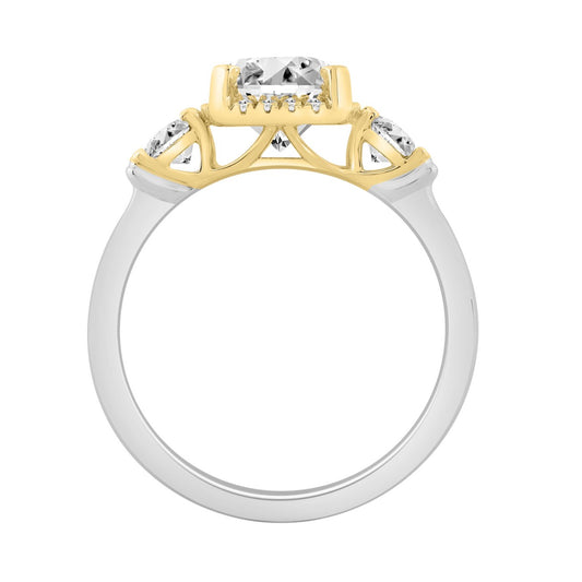 2 1/2 Ct Cushion Cut Lab-Grown Diamond Ladies Engagement Ring In 14K White/Yellow Gold Three-Stone With Round Side Stone & Oval 2Ct Cushion Center Stone (Color F-G -Clarity Vs1/Vs2)