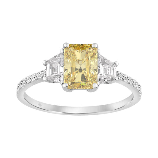1 1/2CT Elegance Ring 14k Round/Radiant/Trapezoid Diamond White Gold 1.00CT Yellow Radiant Center stone (Color F-G -Clarity VS1/VS2)