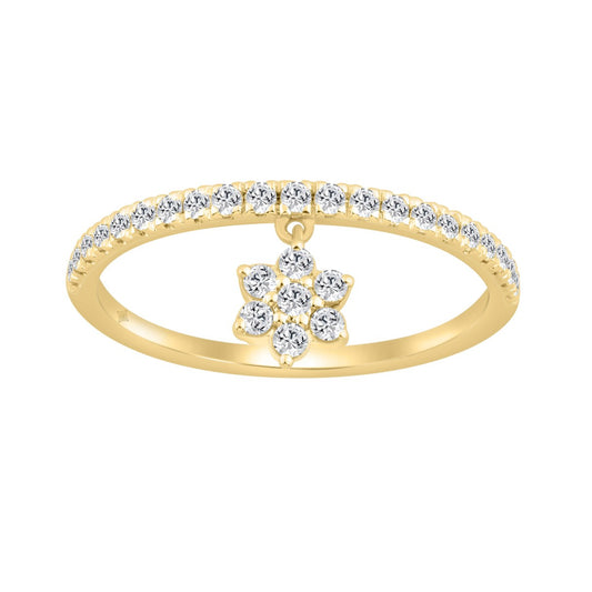 Elegant 10K Yellow Gold 1/4Ct Ladies Ring With Round Diamond Accents And Dangling Flower Charm