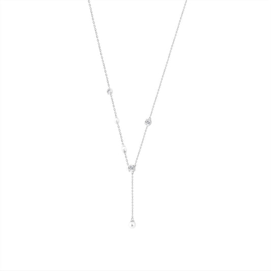 10K White Gold Diamond & Pearl Necklace For 1/2Ct Round Diamond Elegant Drop Necklace, Classic Ladies Fine Jewelry (Color F-G -Clarity Vs1/Vs2)