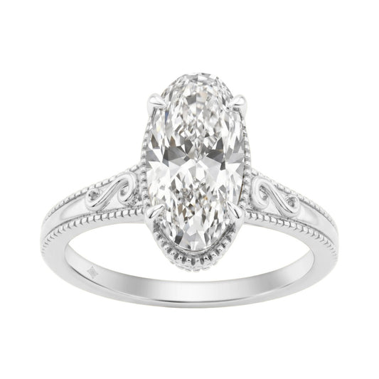 LADIES 14K White Gold 2 1/6Ct Diamond Engagement Ring Elongated Oval Cut Center With Round Side Stones, Elegant Fine Ring 2Ct Oval Center Stone (Color F-G -Clarity Vs1/Vs2)