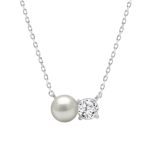 10K White Gold Pearl & 1/4Ct Round Diamond Ladies Necklace Elegant Fine Fashion Jewelry Gift For Women (Color F-G Clarity Vs1/Vs2)