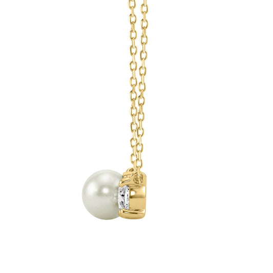 10K Yellow Gold Toi Et Moi Necklace With 1/4Ct Round Diamond & Pearl Elegant Two Stone Necklace For Her (Color F-G -Clarity Vs1/Vs2)