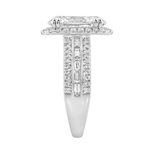 14K White Gold 3.00 Ct Diamond Halo Engagement Ring For Women Elongated 2Ct Oval Cut Center Stone With Round & Baguette Side Stones, Luxury Bridal Ring (Color F-G -Clarity Vs1/Vs2)