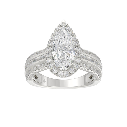 14K White Gold 3.00 Ct Diamond Halo Engagement Ring For Women Elongated 2Ct Pear Cut Center Stone With Round & Baguette Side Stones, Luxury Bridal Ring (Color F-G -Clarity Vs1/Vs2)