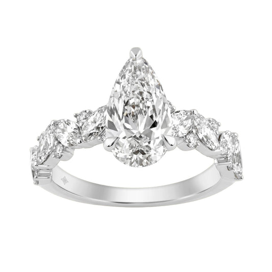 14K White Gold 3.00 Ct Diamond Halo Engagement Ring For Women Elongated 2Ct Pear Cut Center Stone With Round & Marquise Side Stones, Luxury Bridal Ring (Color F-G -Clarity Vs1/Vs2)