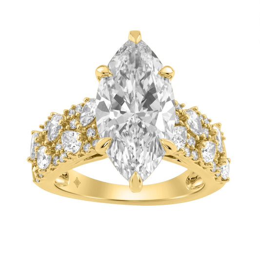 Luxury 14K Yellow Gold Diamond Ring 6 1/4Ct Marquise Center Stone With Pear & Round Diamonds, Women Fashion Engagement Ring (Color F-G -Clarity Vs1/Vs2)