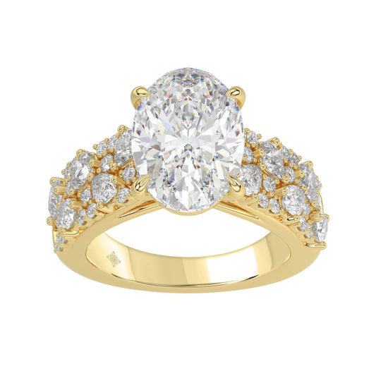 14K Yellow Gold 6 1/4Ct Diamond Engagement Ring For Women 5Ct Oval Center Stone With Pear,& Round Side Stones, Luxury Bridal Ring (Color F-G -Clarity