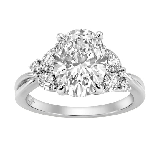 14K White Gold 3 1/2Ct Lab-Grown Diamond Engagement Ring For Women 3Ct Oval Center With Marquise & Round Side Stones, Elegant Bridal Ring (Color F-G -Clarity Vs1/Vs2)