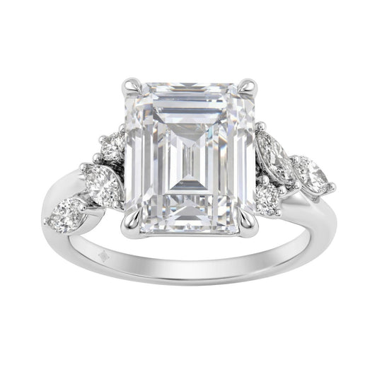 Luxury 14K White Gold 5 1/2Ct Lab-Grown Diamond Ring 5Ct Emerald Center With Marquise & Round Side Stones For Women Engagement Ring (Color F-G -Clarity Vs1/Vs2)