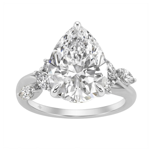 14K White Gold 5 1/2Ct Lab-Grown Diamond Engagement Ring For Women 5Ct Pear Center Stone With Marquise/Round Side Stones, Luxury Bridal Ring (Color F-G -Clarity Vs1/Vs2)