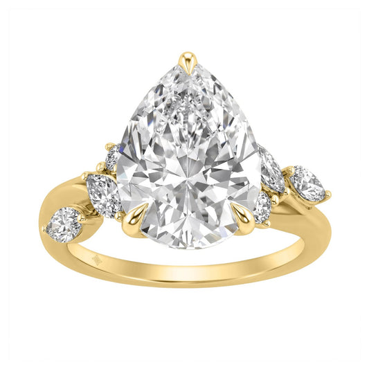 14K Yellow Gold 5 1/2Ct Lab-Grown Diamond Engagement Ring For Women 5Ct Pear Center Stone With Marquise/Round Side Stones, Luxury Bridal Ring (Color F-G -Clarity Vs1/Vs2)