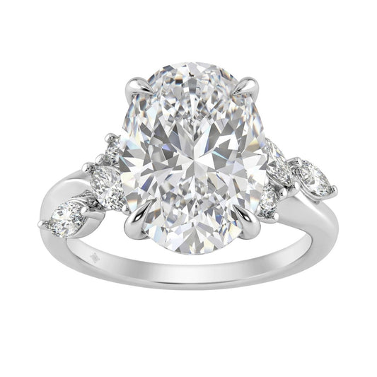 14K White Gold 5 1/2Ct Lab-Grown Diamond Engagement Ring For Women 5Ct Oval Center Stone With Marquise/Round Side Stones, Luxury Bridal Ring (Color F-