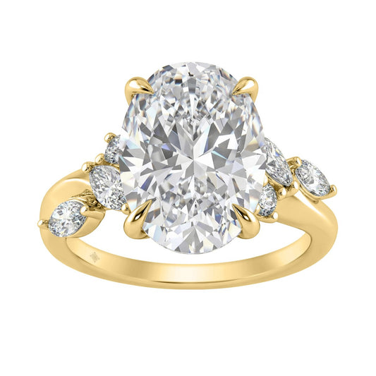 14K Yellow Gold 5 1/2Ct Lab-Grown Diamond Engagement Ring For Women 5Ct Oval Center Stone With Marquise/Round Side Stones, Luxury Bridal Ring (Color F-G -Clarity Vs1/Vs2)