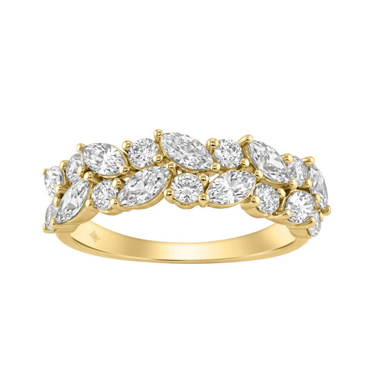 Elegant 14K Yellow Gold 1 1/3Ct Lab Grown Diamond Fashion Ring Alternating Round & Marquise Stones, Ladies Fashion Jewelry (Color F-G -Clarity Vs1/Vs2)