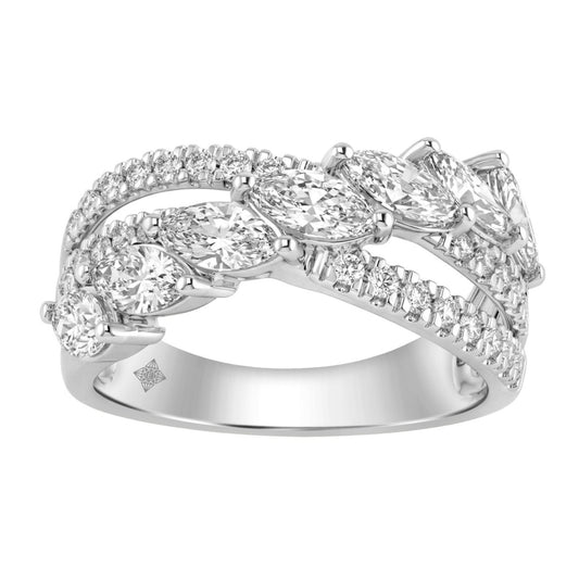 14K White Gold Ladies Crossover Fashion Ring 1 3/4Ct Round & Marquise Diamond (Color F-G -Clarity Vs1/Vs2)