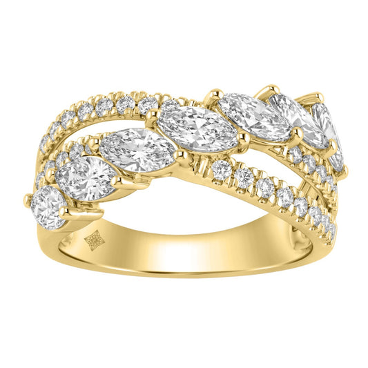 14K Yellow Gold Ladies Crossover Fashion Ring 1 3/4Ct Round & Marquise Diamond (Color F-G -Clarity Vs1/Vs2)