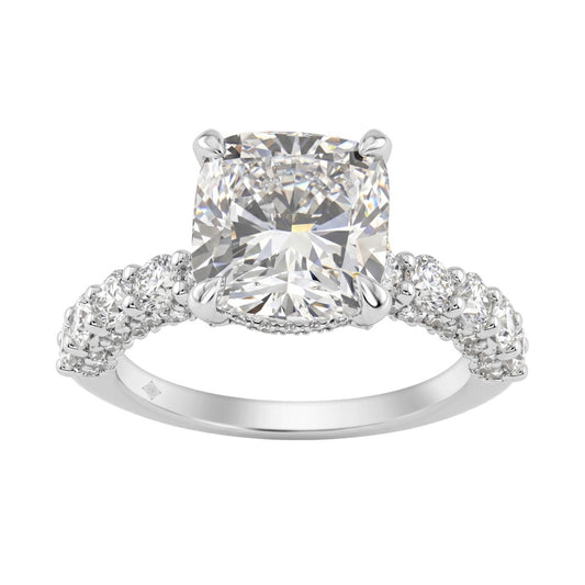 Ladies 14K White Gold Diamond Ladies Engagement Ring 5 1/2Ct Round Cut With Cushion Diamond 4Ct Cushion Center Stone (Color F-G -Clarity Vs1/Vs2)